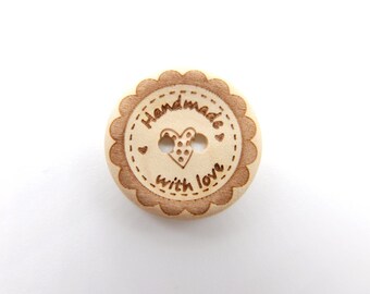 Wooden buttons 20 mm "Handmade with Love" with wreath and heart