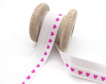 1 meter folded rubber, elastic edging band, white with pink hearts