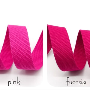 May include: Two close-up images of pink and fuchsia cotton webbing. The webbing is woven with a textured pattern.