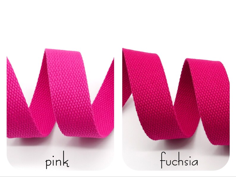 May include: Two close-up images of pink and fuchsia cotton webbing. The webbing is woven with a textured pattern.