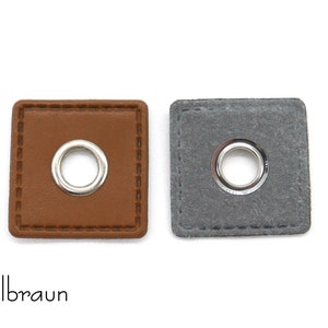 2 eyelet patches made of imitation leather, 3 x 3 cm, opening 8 mm Hellbraun