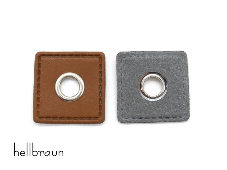 2 eyelet patches made of imitation leather, 3 x 3 cm, opening 8 mm Hellbraun