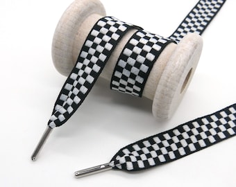 Flat cord, hoodie drawstring, 18 mm wide, approx. 1.35 m long, black and white with metal end caps