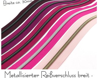 Cerniera continua da 1 m, metallizzata - larghezza 30 mm - inclusi 3 cursori, tonalità rosa-rosa