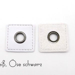 2 Ösenpatches aus Kunstleder, 3 x 3 cm, Durchlass 8 mm weiß (schwarz)