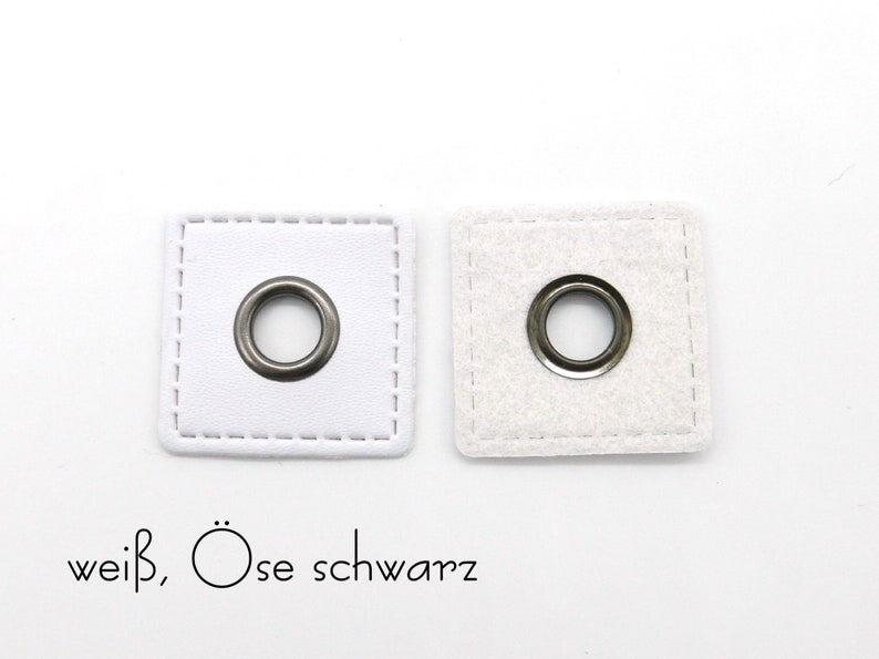 2 eyelet patches made of imitation leather, 3 x 3 cm, opening 8 mm weiß (schwarz)