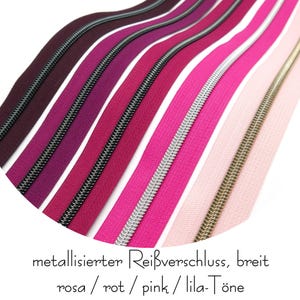 1m endlos Reißverschluss, metallisiert - 30 mm breit - inkl. 3 Schieber, rosa-pink-rot-lila-Töne