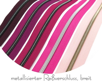 1 m continuous metallic zipper - 30 mm wide - incl. 3 sliders, pink-red-purple tones