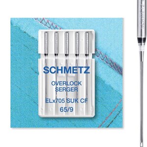May include: A pack of SCHMETZ overlock serger needles, ELx705 SUK CF 65/9, with a single needle shown to the right. The needles are silver and are in a white plastic case. The background is a light blue fabric with colourful stitching.