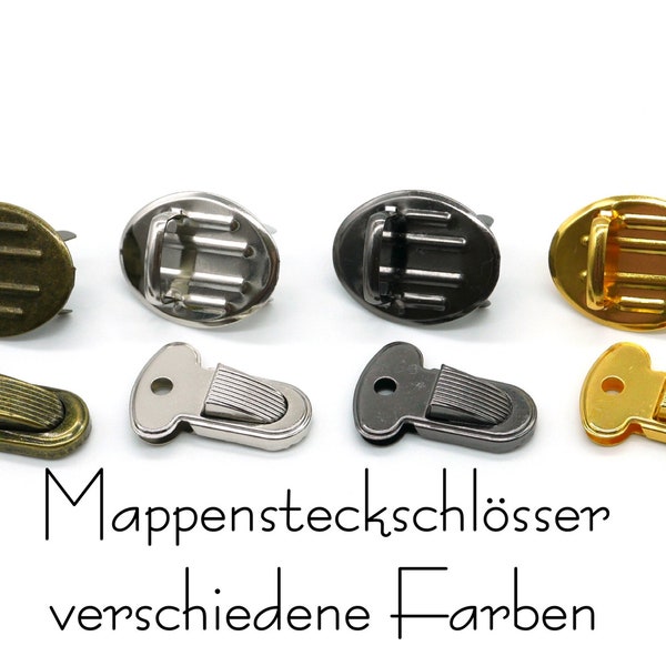 5 Mappenstecklösser, verschiedene Farben, ca. 25x32mm, silber, gold, schwarz und altmessing (bronze)