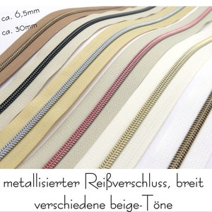 1m endlos Reißverschluss, metallisiert, breit, inkl. 3 passenden Schieber, verschiedene beige Töne