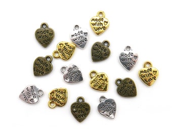 10 metal heart pendants "Made with Love" - different colors: gold, silver, antique brass