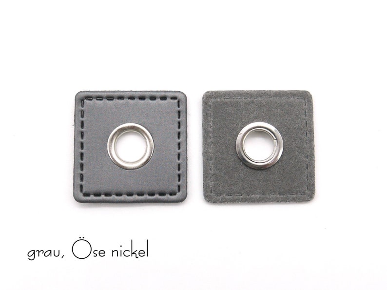 2 eyelet patches made of imitation leather, 3 x 3 cm, opening 8 mm Grey
