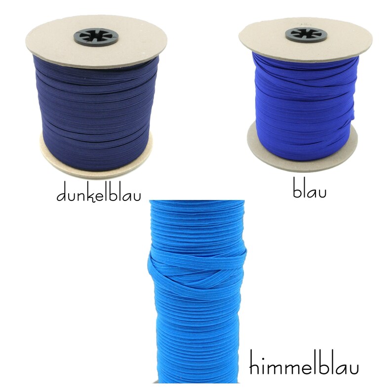 May include: Three spools of elastic cord in different shades of blue. The spools are labeled "dunkelblau", "blau", and "himmelblau".