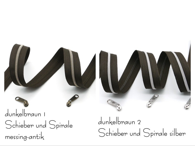 1 m endless zipper, metallized, narrow, including 3 matching sliders, different shades of brown Dunkelbraun 2