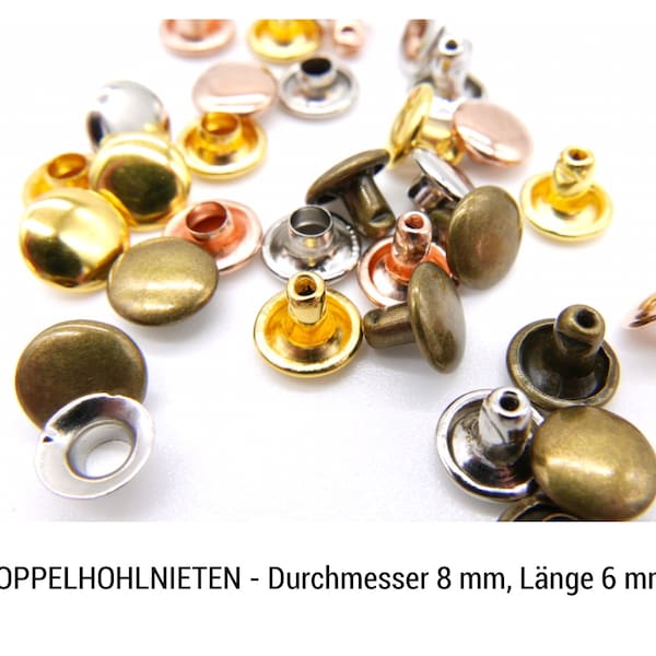 20 Stück Doppel-Hohlnieten 8mm Kopf, Schaft ca. 6 mm, silberfarben, messing, Roségold, gold