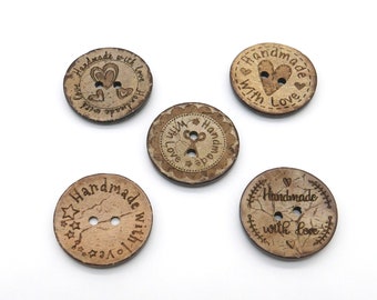 5 wooden buttons, 30 mm, with the label "Handmade with Love", various designs