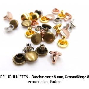Può includere: Assortimento di rivetti cavi in oro, argento e oro rosa. I rivetti hanno un diametro di 8 mm e una lunghezza di 8 mm.