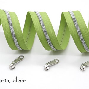 1m endlos Reißverschluss, metallisiert 30 mm breit inkl. 3 Schieber, Verschiedene rot und grün-Töne hellgrün
