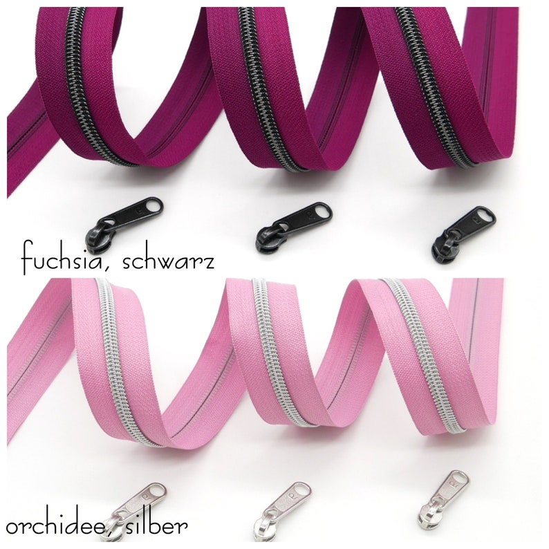 1 m endless zipper, metallized 30 mm wide including 3 sliders, pink-pink tones image 7