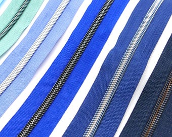 1 m continuous metallic zipper - 30 mm wide - incl. 3 sliders, various shades of blue