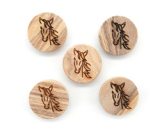 2 children's wooden buttons with horse head, diameter 15 mm