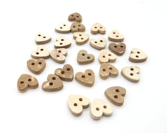 Wooden button, heart button, coconut, natural color, 10 pieces