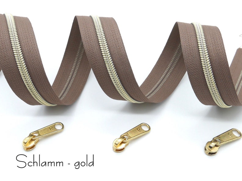 1 m endless zipper, metallized, wide, including 3 matching sliders, various brown tones Schlamm