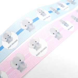 2 mètres (1,60 EUR/mètre), ruban gros-grain éléphant bleu clair/rose "Baby Shower" / baptême