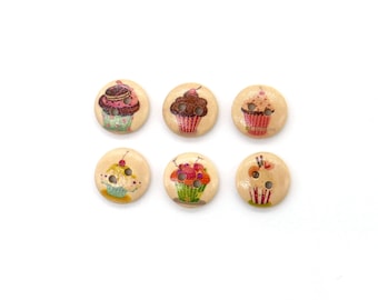 Wooden buttons cupcakes, 10 pieces