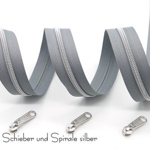 1m endlos Reißverschluss, metallisiert, breit, inkl. 3 passenden Schieber, verschiedene grau Töne grau 1 - silber