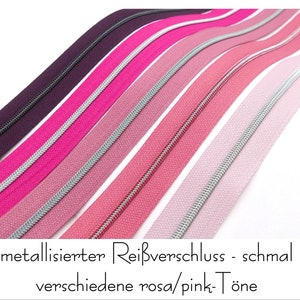 1 m endless zipper, metallized - 25 mm, narrow - incl. 3 sliders, pink/pink