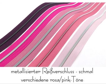 1 m endless zipper, metallized - 25 mm, narrow - including 3 sliders, pink/pink