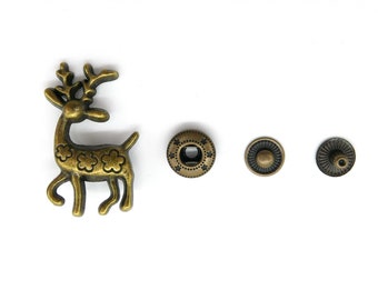 5 pieces, reindeer deer metal snap fasteners, antique brass color