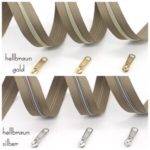 1 m endless zipper, metallized, wide, including 3 matching sliders, various brown tones image 8