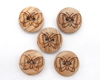 2 children's wooden buttons with butterfly, diameter 15 mm