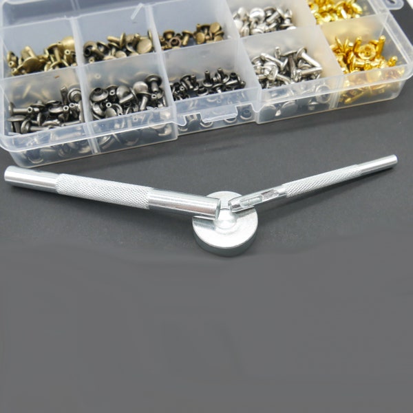 Double hollow rivet set including tool - contains various colors and sizes