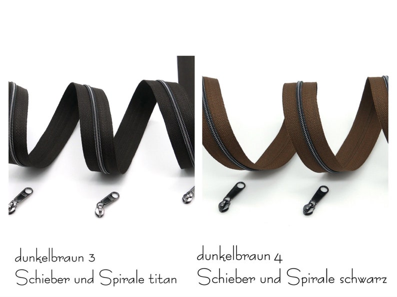 1 m endless zipper, metallized, narrow, including 3 matching sliders, different shades of brown Dunkelbraun 3