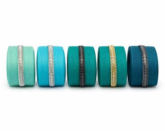 Continuous metallic zipper 1m | 30mm zipper by the meter including 3 sliders | Turquoise tones for bags & DIY