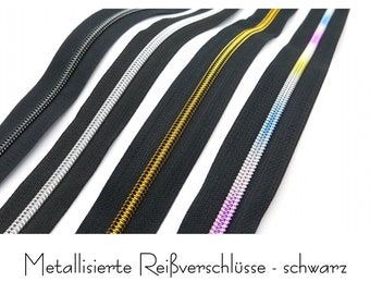 1 m eindeloze ritssluiting, gemetalliseerd - breed - incl. 3 schuifregelaars, zwart