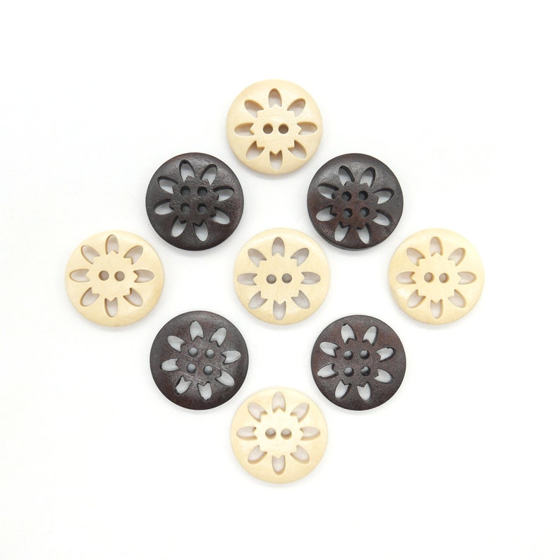 5 pieces, wooden buttons in vintage style dark brown and beige to choose from image 1