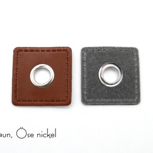 2 eyelet patches made of imitation leather, 3 x 3 cm, opening 8 mm Brown