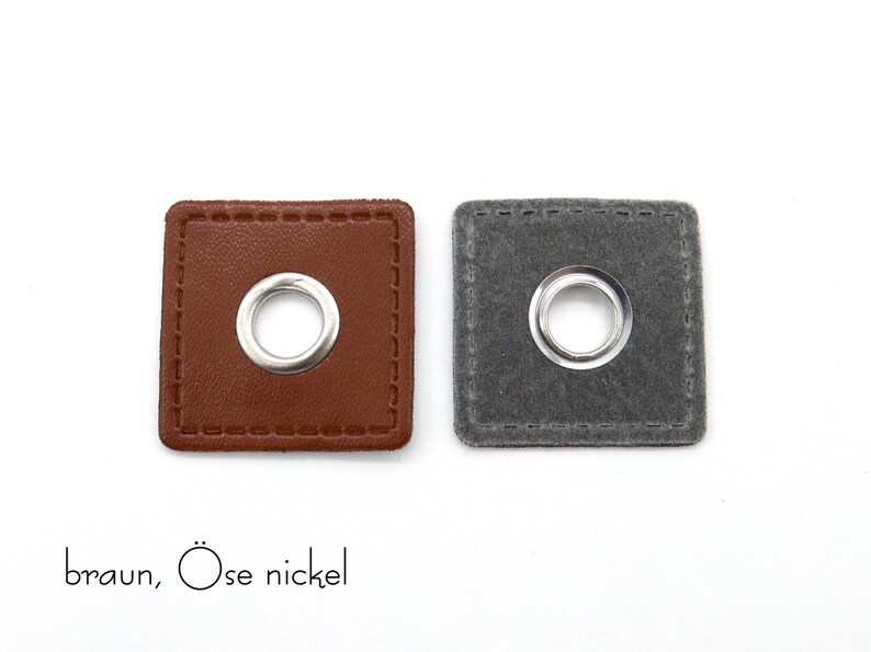 2 eyelet patches made of imitation leather, 3 x 3 cm, opening 8 mm Brown