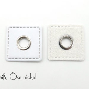 2 Ösenpatches aus Kunstleder, 3 x 3 cm, Durchlass 8 mm weiß (nickel)