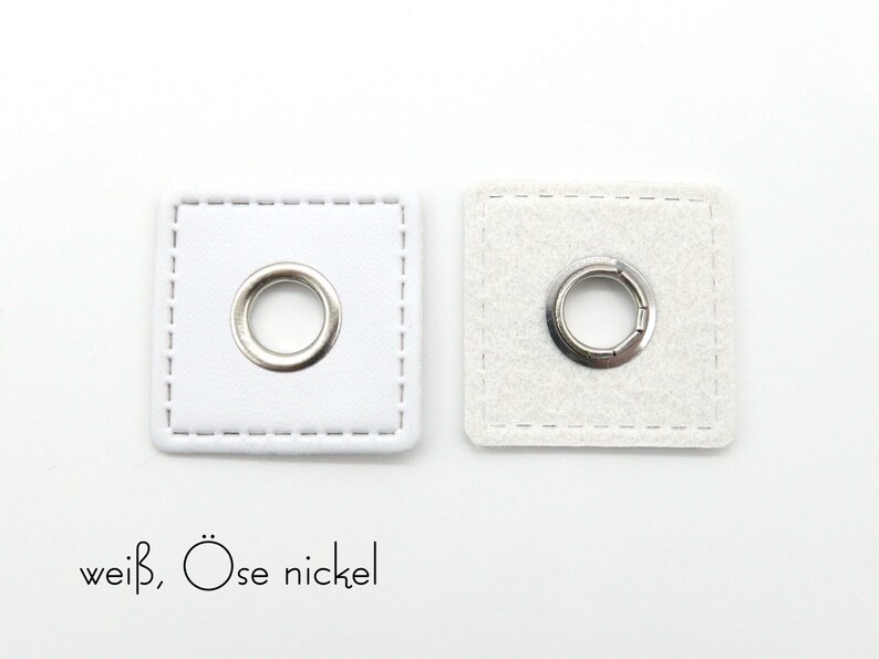 2 eyelet patches made of imitation leather, 3 x 3 cm, opening 8 mm weiß (nickel)