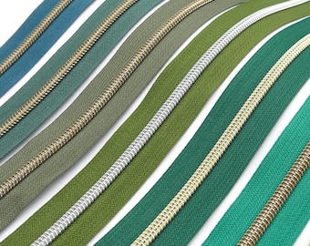 1 m continuous metallic zipper - 30 mm wide - incl. 3 sliders, various shades of green and spiral surfaces