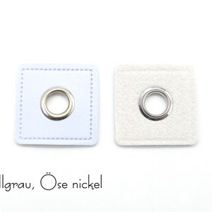 2 eyelet patches made of imitation leather, 3 x 3 cm, opening 8 mm Hellgrau