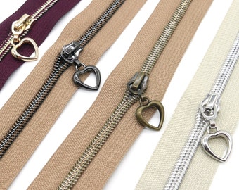 Zipper pendant heart for zippers number 5 silver, antique brass, gold, rose gold, black