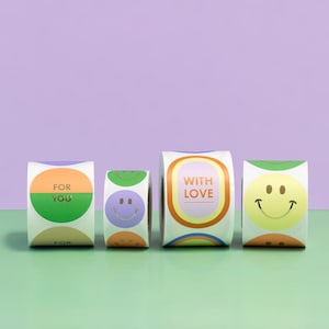 Aufkleber Smileys For You lila, grün, gelb Frühling| Sticker retro Verpackung Party Geschenk bunt Mix Set pastell