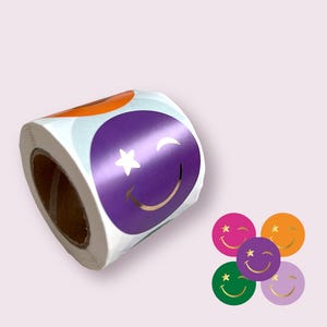 Aufkleber Smiley lila grün pink orange gold | Sticker Goldeffekt Verpackung Party Geschenk retro